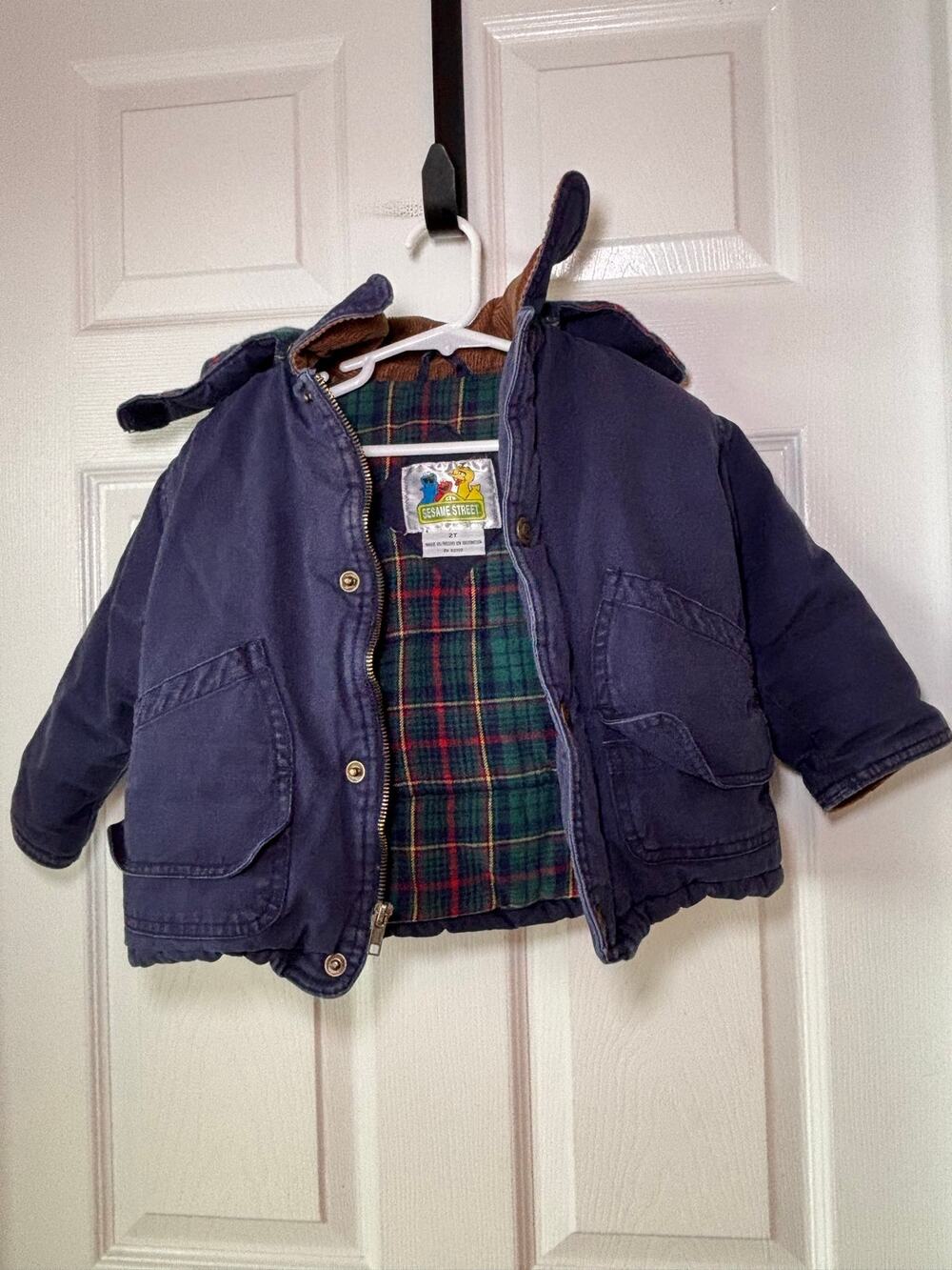 Vintage 90s Sesame Street Toddler 2T Plaid Lined Hooded Barn Jacket Navy